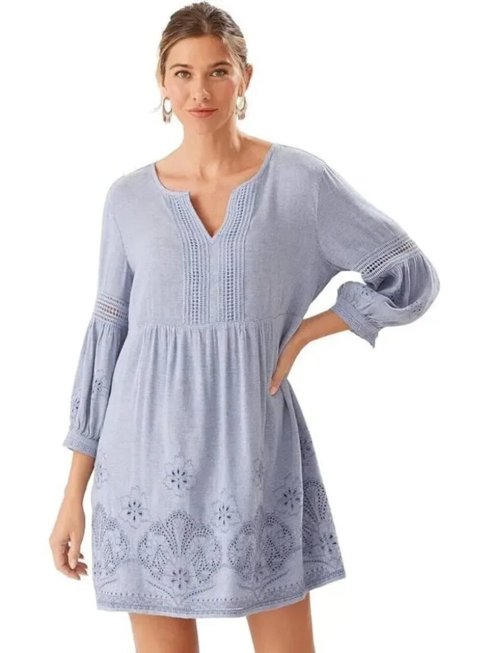 Tommy Bahama St. Lucia Split-Neck Chambray Linen Dress Size S
